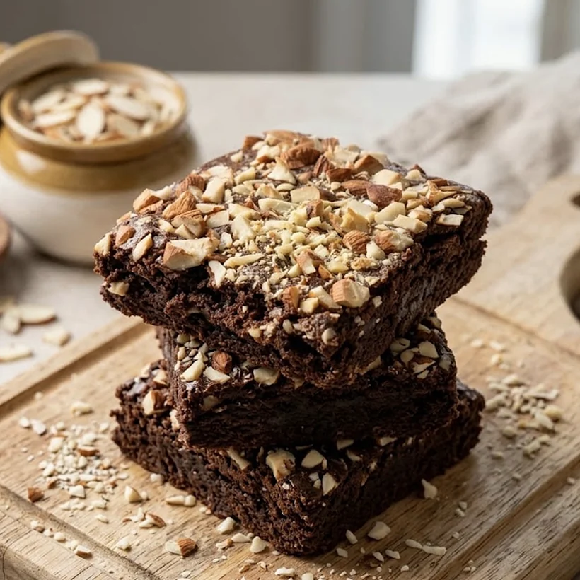 A stack of Brown House double chocolate brownies topped with almonds